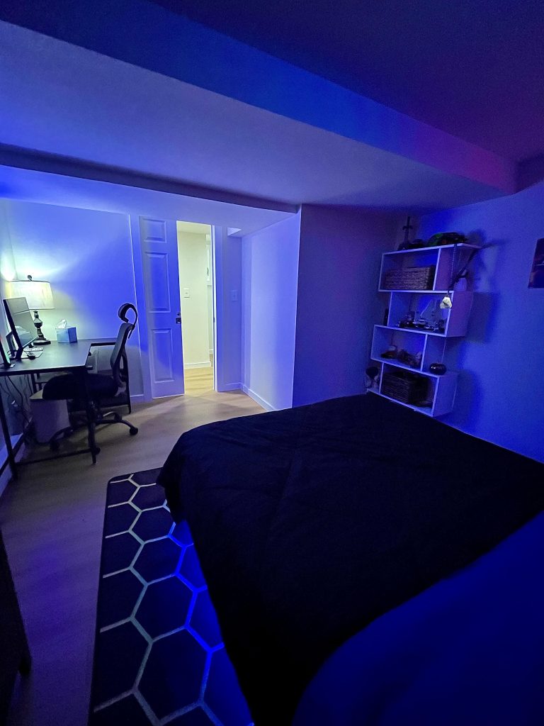 The second bedroom enters through a sleek pocket door along the hallway of this basement to ADU conversion.