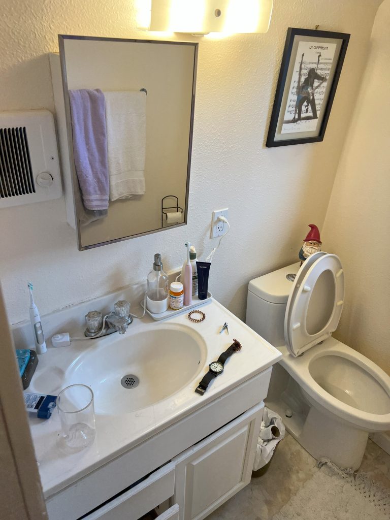 Before the small bathroom remodel, the space offered little counter space or storage.